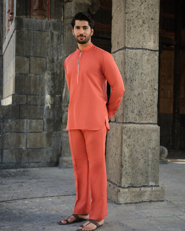 Men’s Cotton-Linen Co-ord Set – Tattva Fire (Rust Orange) | Khadidhaga