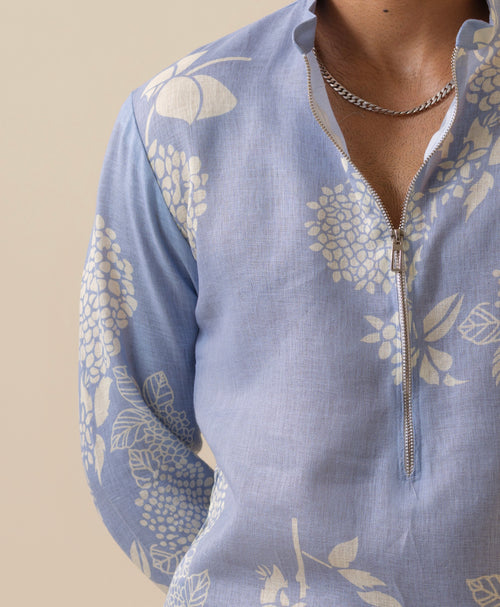 Desi Munda Blue Khadi Linen Kurta with Zipper - Side View | Khadidhaga