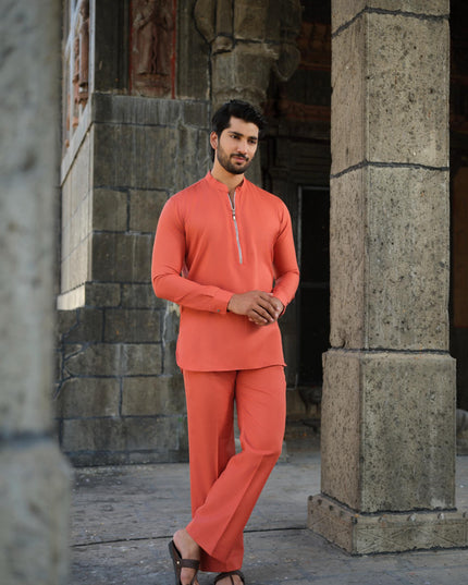 Men’s Cotton-Linen Co-ord Set – Tattva Fire (Rust Orange) | Khadidhaga