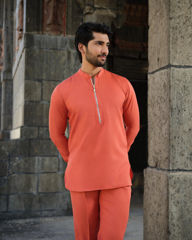 Men’s Cotton-Linen Co-ord Set – Tattva Fire (Rust Orange) | Khadidhaga