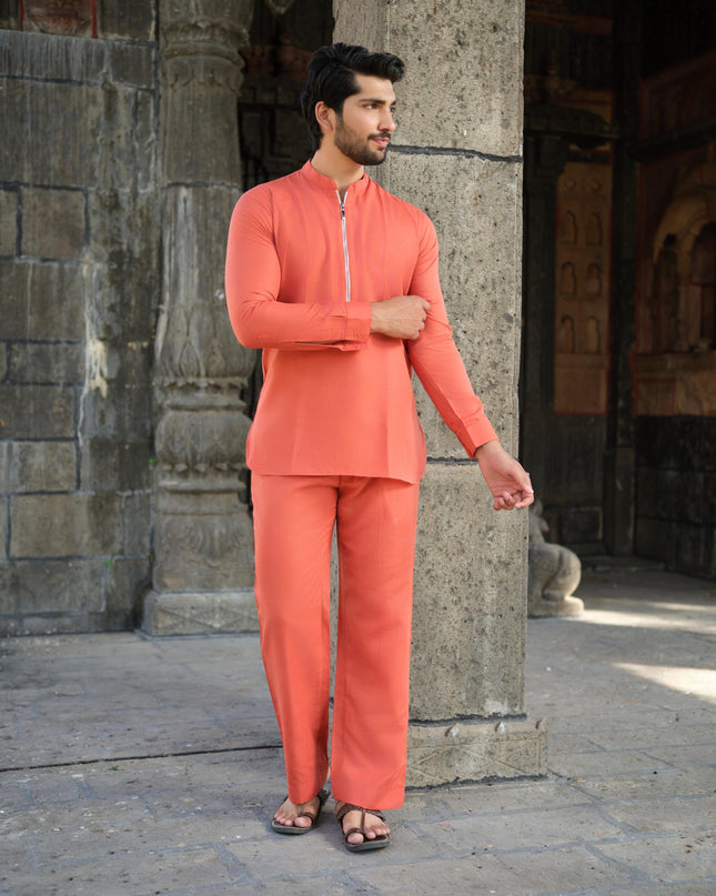 Men’s Cotton-Linen Co-ord Set – Tattva Fire (Rust Orange) | Khadidhaga