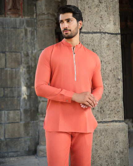 Men’s Cotton-Linen Co-ord Set – Tattva Fire (Rust Orange) | Khadidhaga