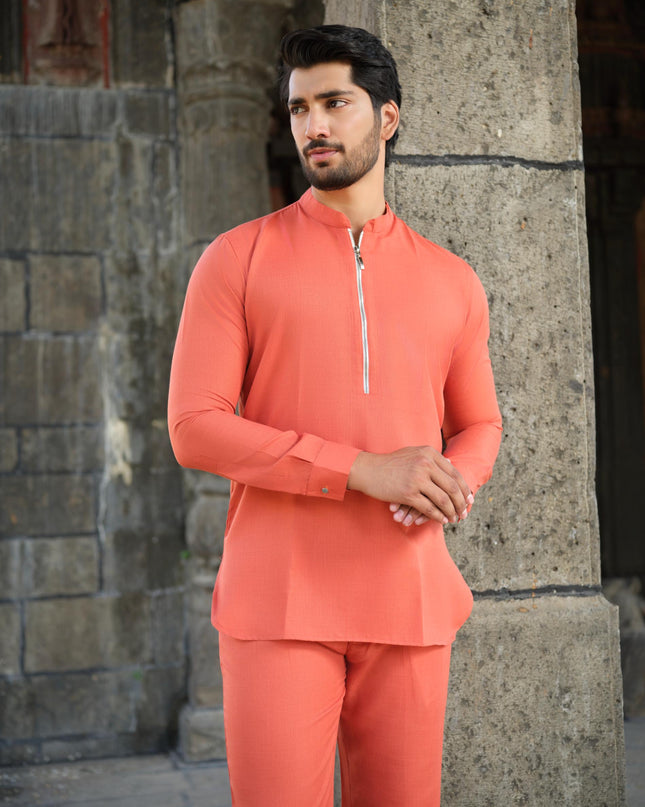 Men’s Cotton-Linen Co-ord Set – Tattva Fire (Rust Orange) | Khadidhaga