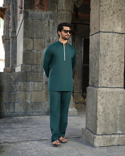 Men’s Cotton-Linen Co-ord Set – Tattva Forest (Dark Green) | Khadidhaga