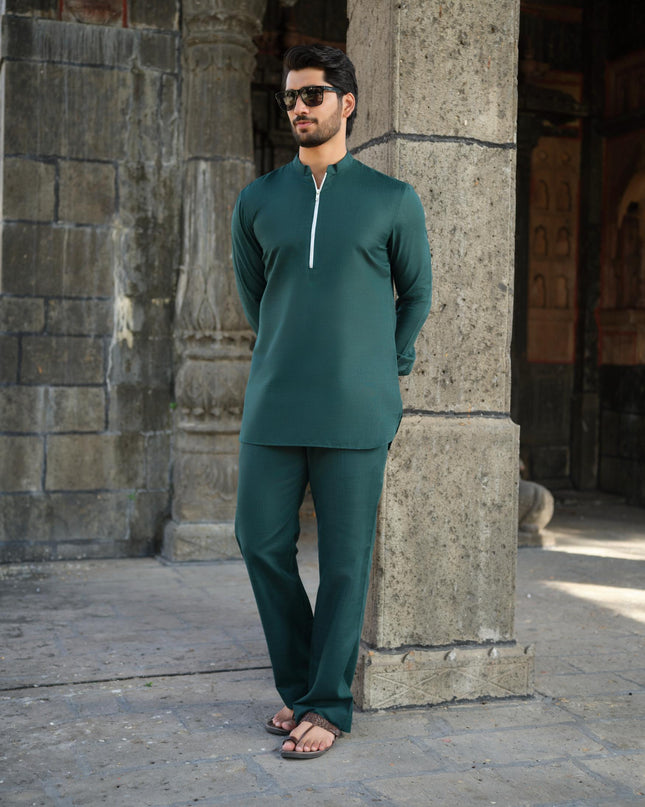 Men’s Cotton-Linen Co-ord Set – Tattva Forest (Dark Green) | Khadidhaga