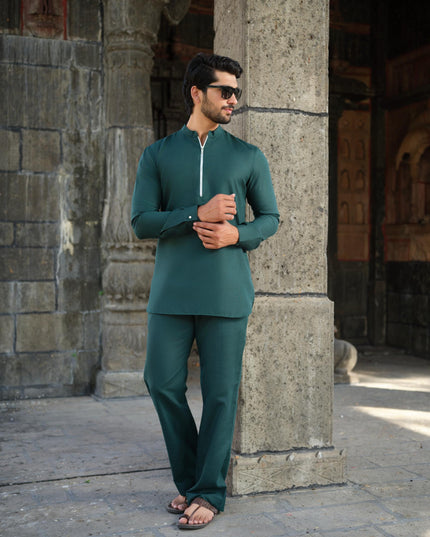 Men’s Cotton-Linen Co-ord Set – Tattva Forest (Dark Green) | Khadidhaga