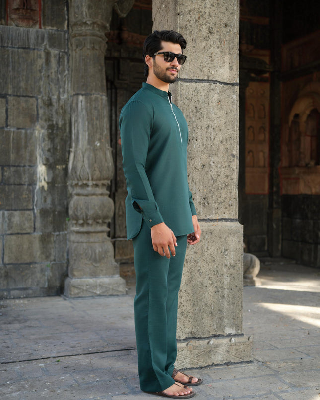 Men’s Cotton-Linen Co-ord Set – Tattva Forest (Dark Green) | Khadidhaga