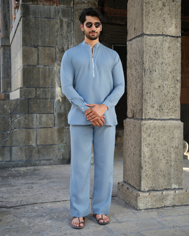 Men’s Cotton-Linen Co-ord Set – Tattva Sky (Mist Blue) | Khadidhaga