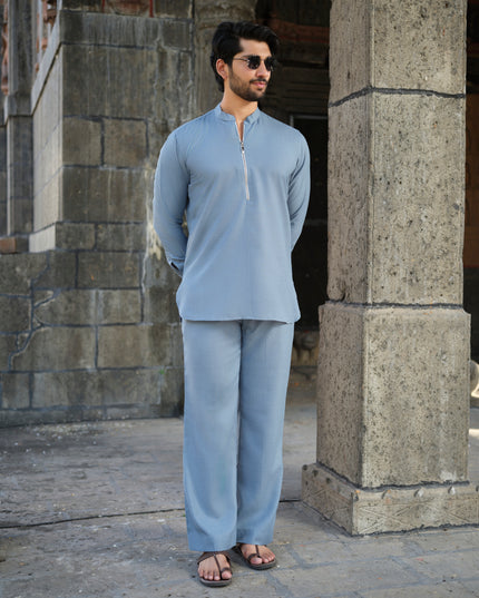 Men’s Cotton-Linen Co-ord Set – Tattva Sky (Mist Blue) | Khadidhaga