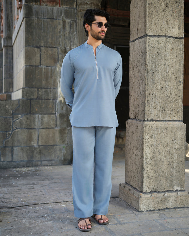 Men’s Cotton-Linen Co-ord Set – Tattva Sky (Mist Blue) | Khadidhaga