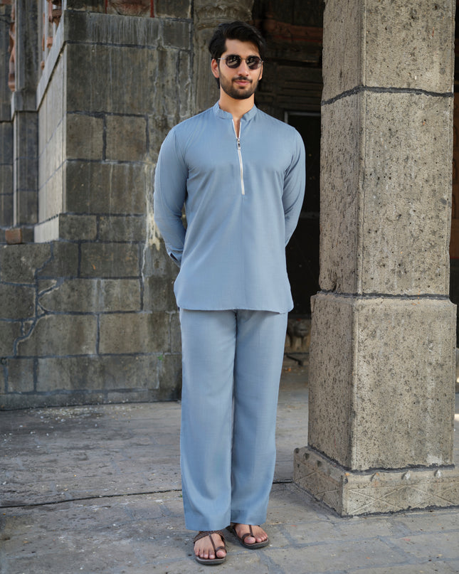 Men’s Cotton-Linen Co-ord Set – Tattva Sky (Mist Blue) | Khadidhaga