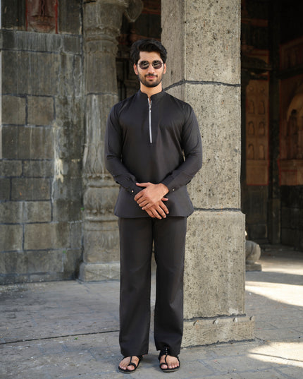 Men’s Cotton-Linen Co-ord Set – Tattva Space (Black) | Khadidhaga