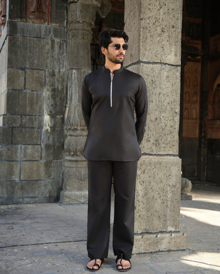 Men’s Cotton-Linen Co-ord Set – Tattva Space (Black) | Khadidhaga