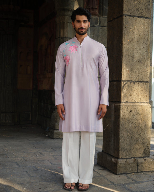 Men's Hand-Painted Lotus Kurta - Neel Kamal | Khadidhaga