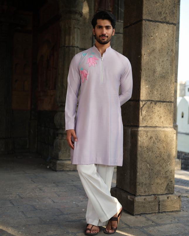 Men's Hand-Painted Lotus Kurta - Neel Kamal | Khadidhaga