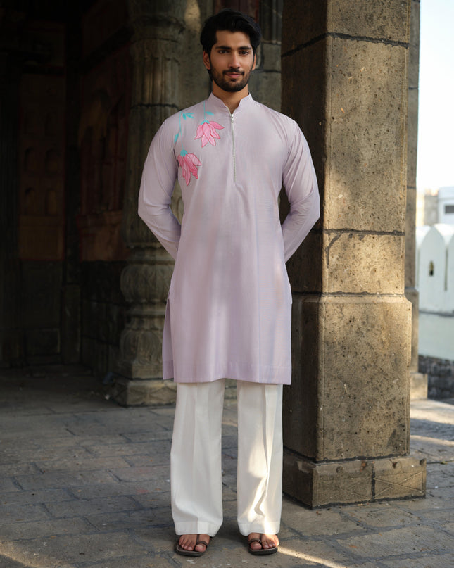 Men's Hand-Painted Lotus Kurta - Neel Kamal | Khadidhaga