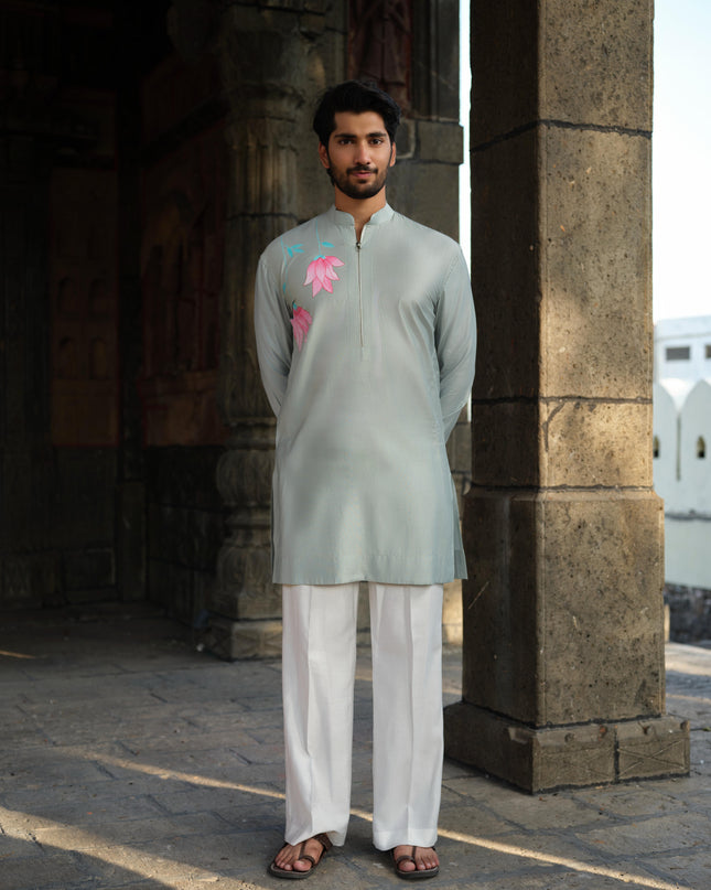 Men's Hand-Painted Lotus Kurta - Neel Kamal | Khadidhaga
