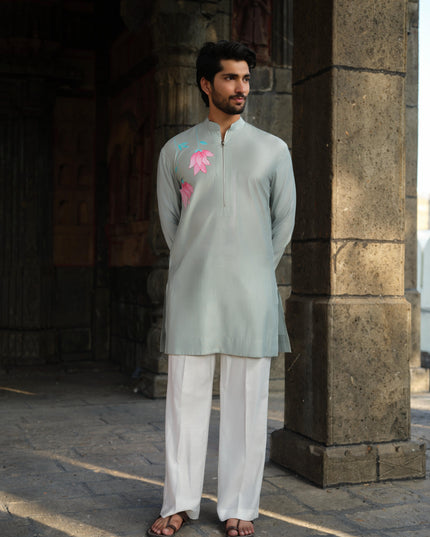 Men's Hand-Painted Lotus Kurta - Neel Kamal | Khadidhaga