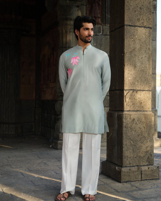 Men's Hand-Painted Lotus Kurta - Neel Kamal | Khadidhaga