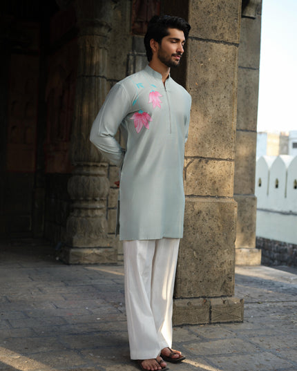 Men's Hand-Painted Lotus Kurta - Neel Kamal | Khadidhaga