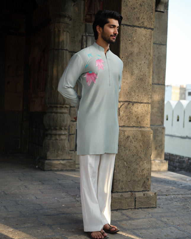Men's Hand-Painted Lotus Kurta - Neel Kamal | Khadidhaga