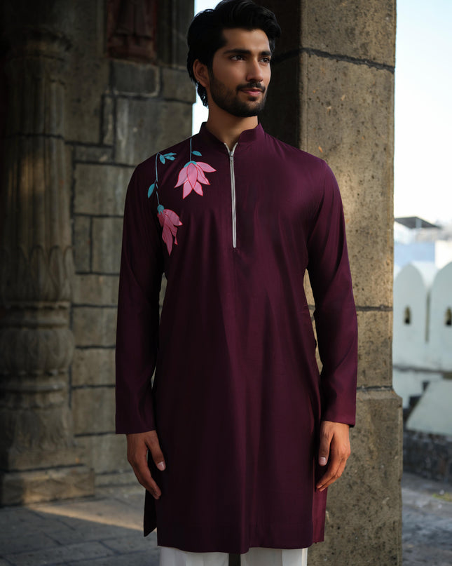 Men's Hand-Painted Lotus Kurta - Neel Kamal | Khadidhaga