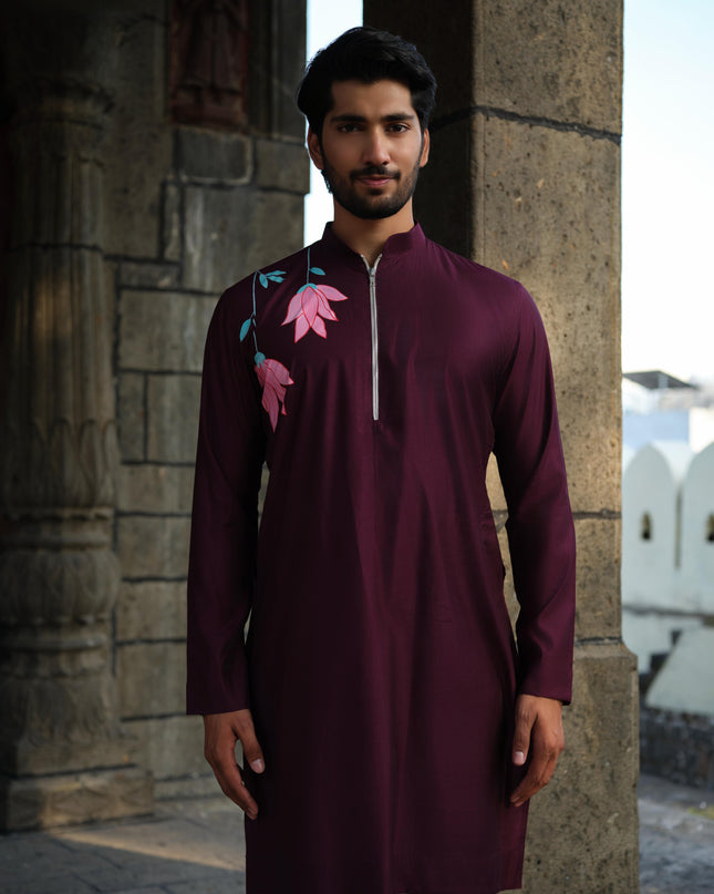 Men's Hand-Painted Lotus Kurta - Neel Kamal | Khadidhaga