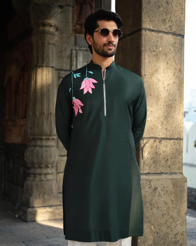 Men's Hand-Painted Lotus Kurta - Neel Kamal | Khadidhaga