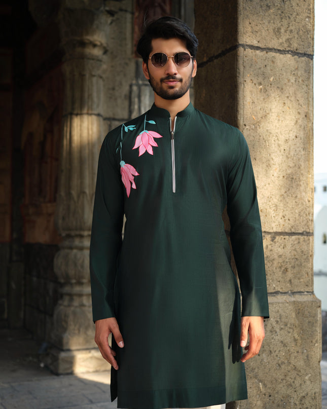 Men's Hand-Painted Lotus Kurta - Neel Kamal | Khadidhaga