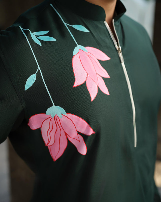 Men's Hand-Painted Lotus Kurta - Neel Kamal | Khadidhaga