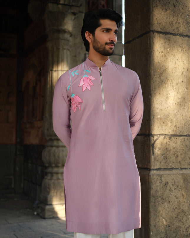 Men's Hand-Painted Lotus Kurta - Neel Kamal | Khadidhaga