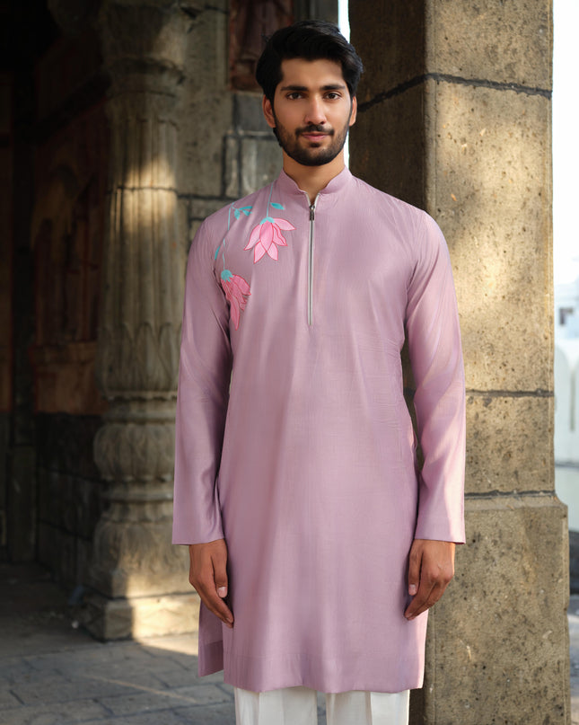Men's Hand-Painted Lotus Kurta - Neel Kamal | Khadidhaga