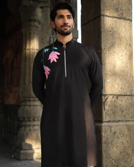 Men's Hand-Painted Lotus Kurta - Neel Kamal | Khadidhaga