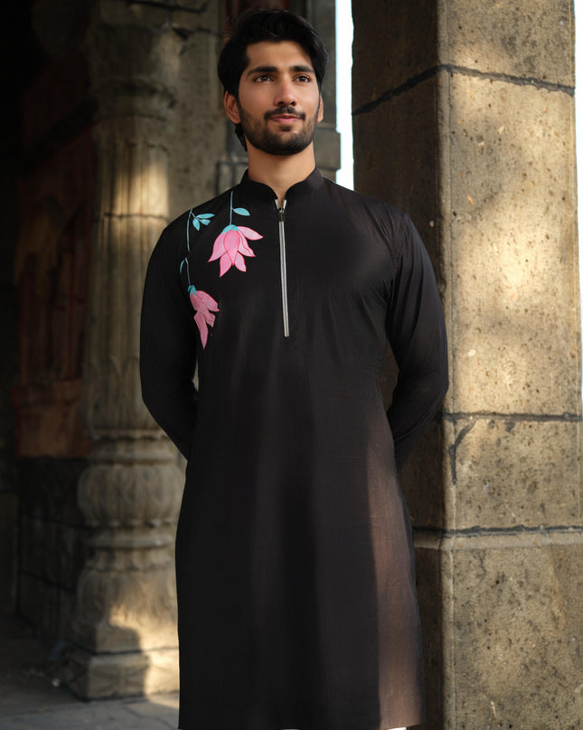 Men's Hand-Painted Lotus Kurta - Neel Kamal | Khadidhaga