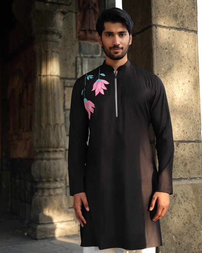 Men's Hand-Painted Lotus Kurta - Neel Kamal | Khadidhaga
