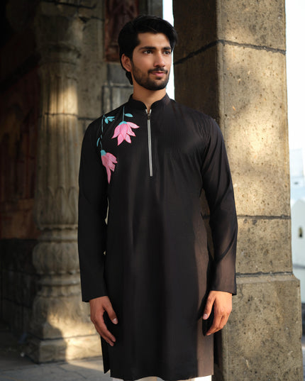 Men's Hand-Painted Lotus Kurta - Neel Kamal | Khadidhaga