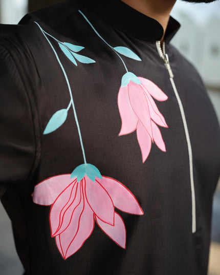 Men's Hand-Painted Lotus Kurta - Neel Kamal | Khadidhaga
