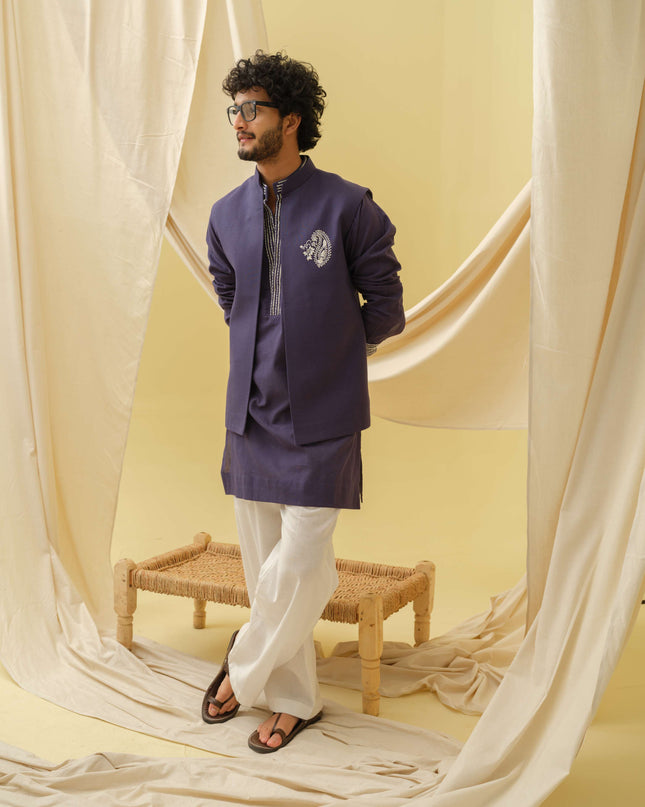 Desi Majesty - 3 Piece Kurta Set (Navy Blue)