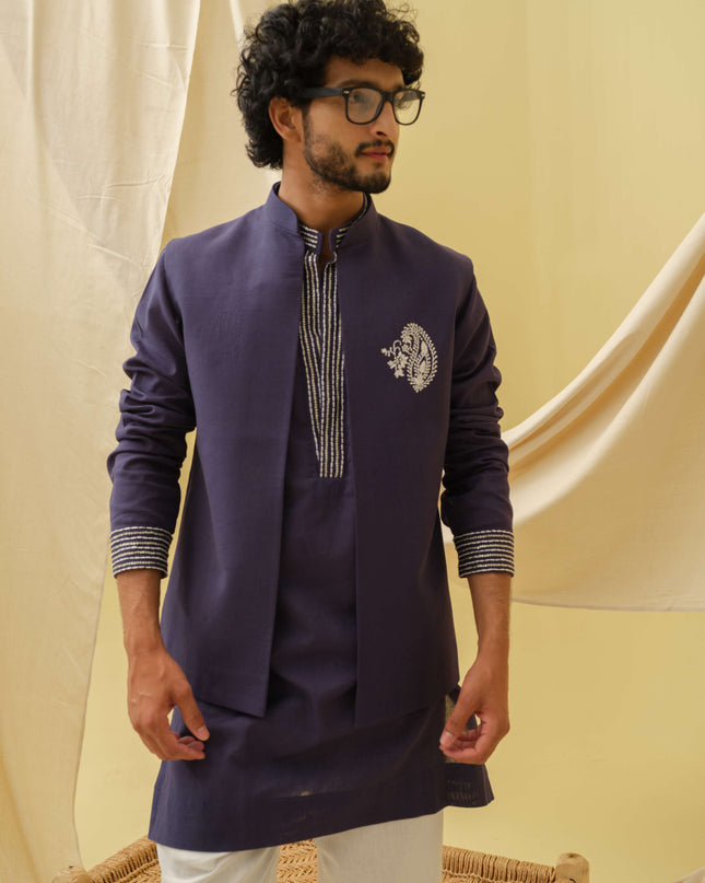 Desi Majesty - 3 Piece Kurta Set (Navy Blue)