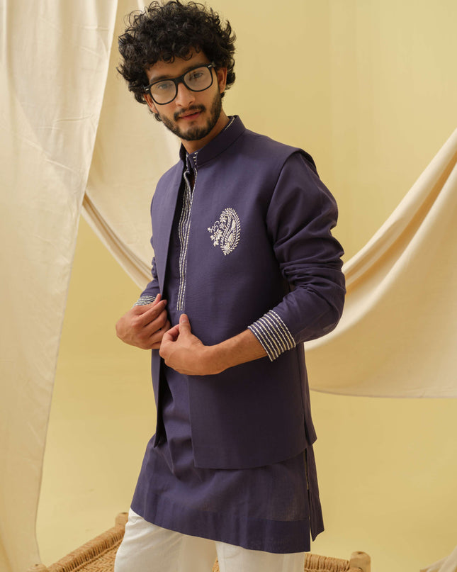 Desi Majesty - 3 Piece Kurta Set (Navy Blue)