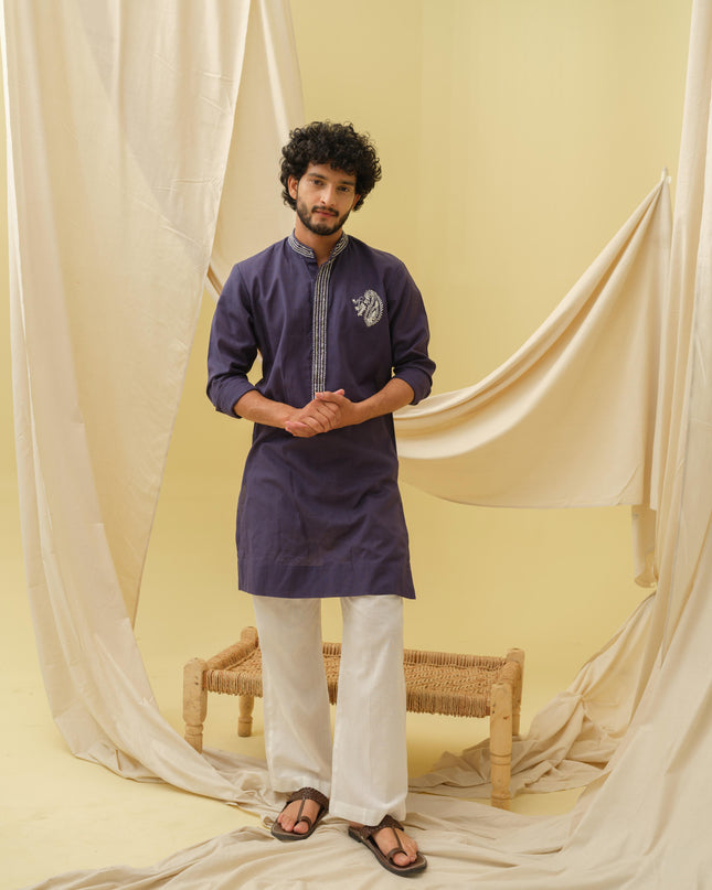 Rajwada Grace Kurta with Motif (Navy Blue)