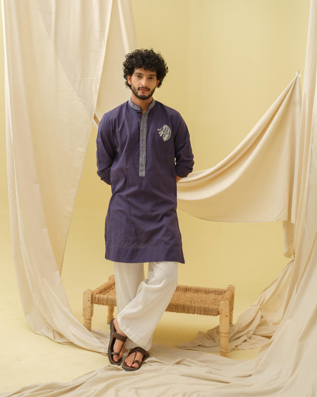 Rajwada Grace Kurta with Motif (Navy Blue)