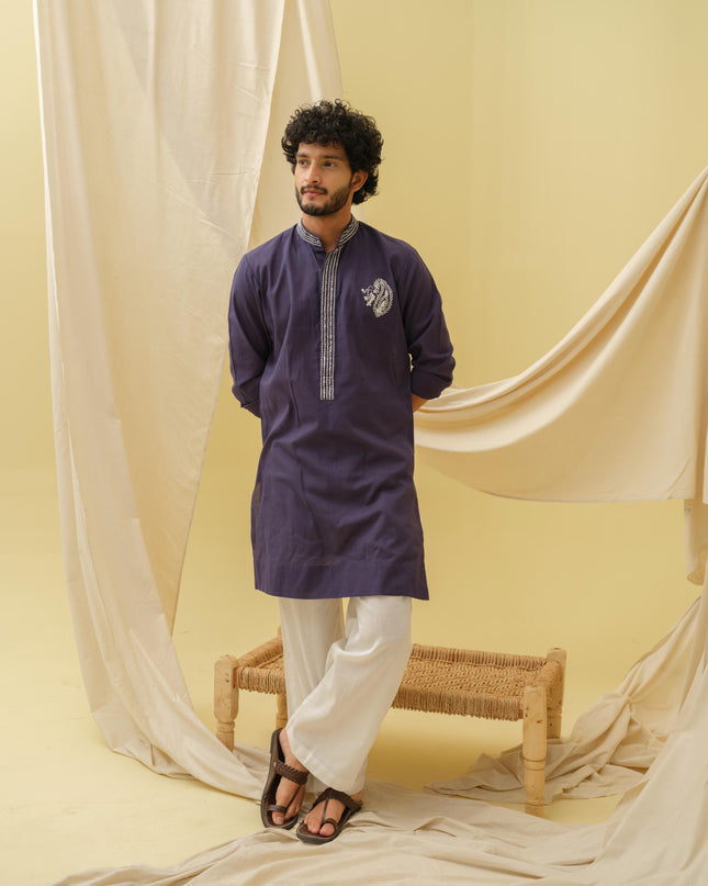 Rajwada Grace Kurta with Motif (Navy Blue)