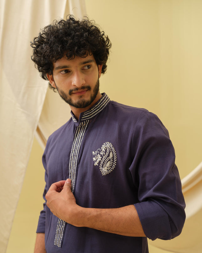 Rajwada Grace Kurta with Motif (Navy Blue)