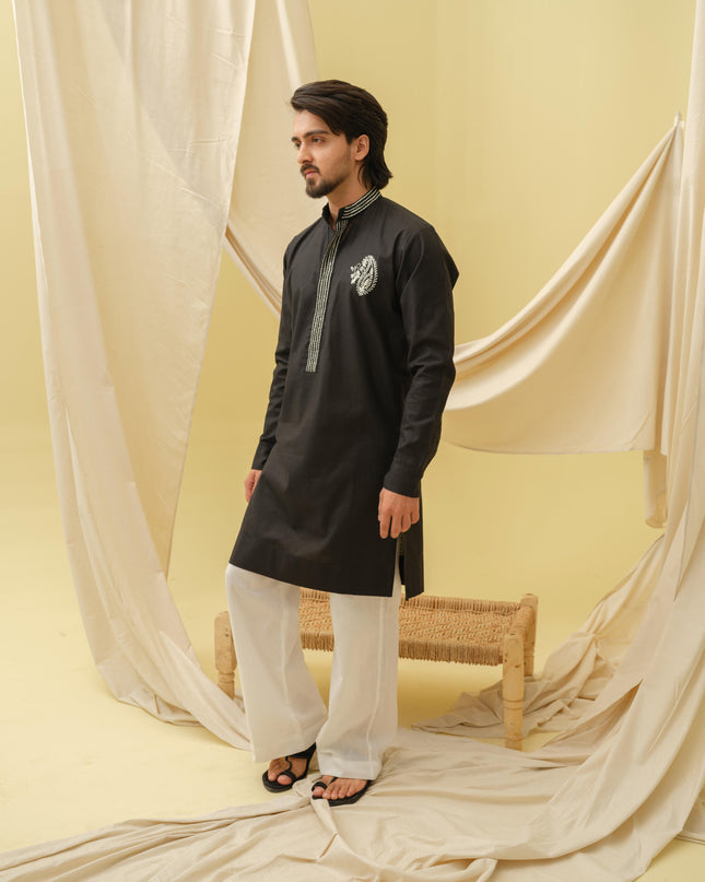 Rajwada Grace Kurta with Motif (Black)