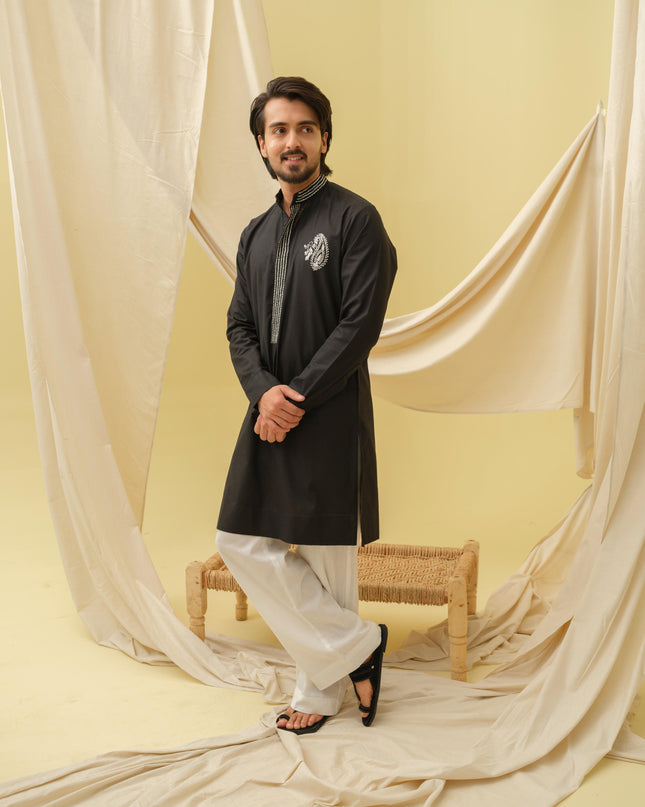 Rajwada Grace Kurta with Motif (Black)
