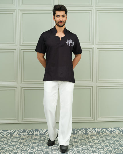 Nawaabi Noir - Open Collar Shirt with Motif