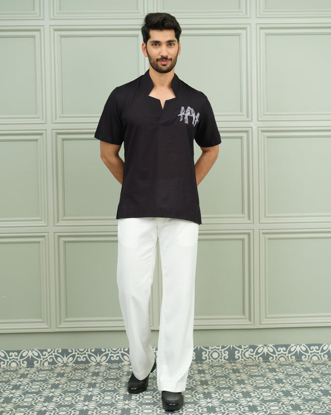 Nawaabi Noir - Open Collar Shirt with Motif