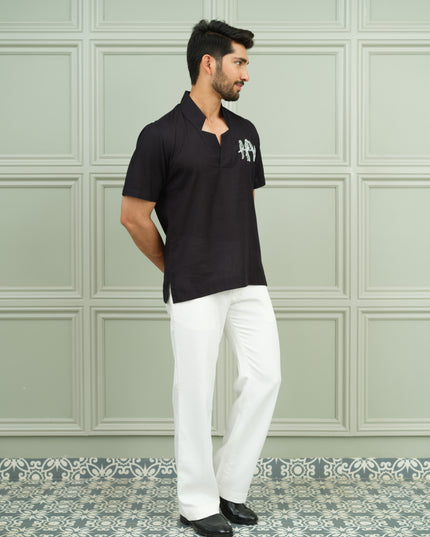 Nawaabi Noir - Open Collar Shirt with Motif