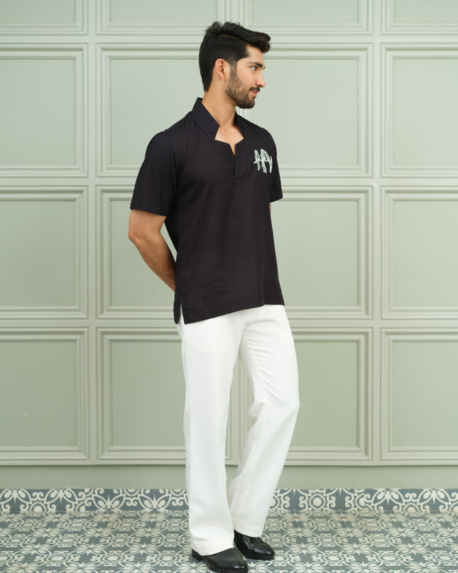 Nawaabi Noir - Open Collar Shirt with Motif